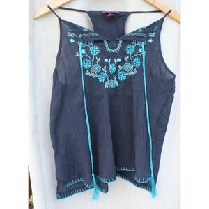 Embroidered Cotton Boho Navy Blue Tank- M